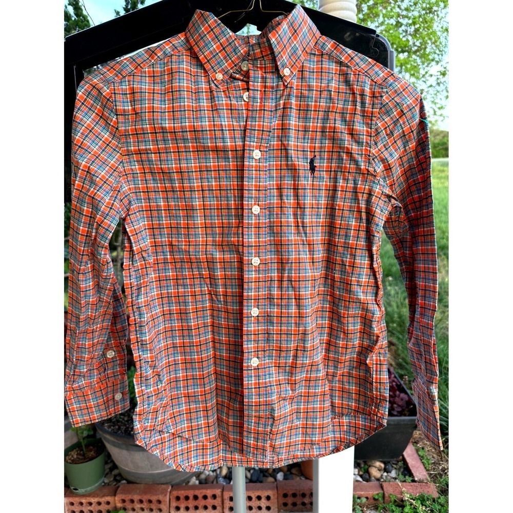 Ralph Lauren Boys Orange Plaid Button Down Shirt Natural‎ Stretch Size 8 S/P